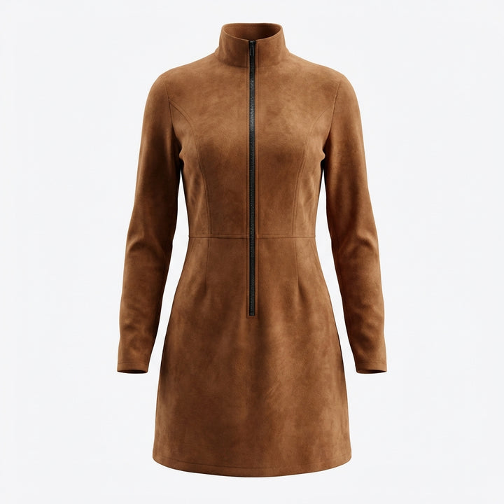 Deerskin Velvet French Long-sleeve Zipper Dress Short Skirt