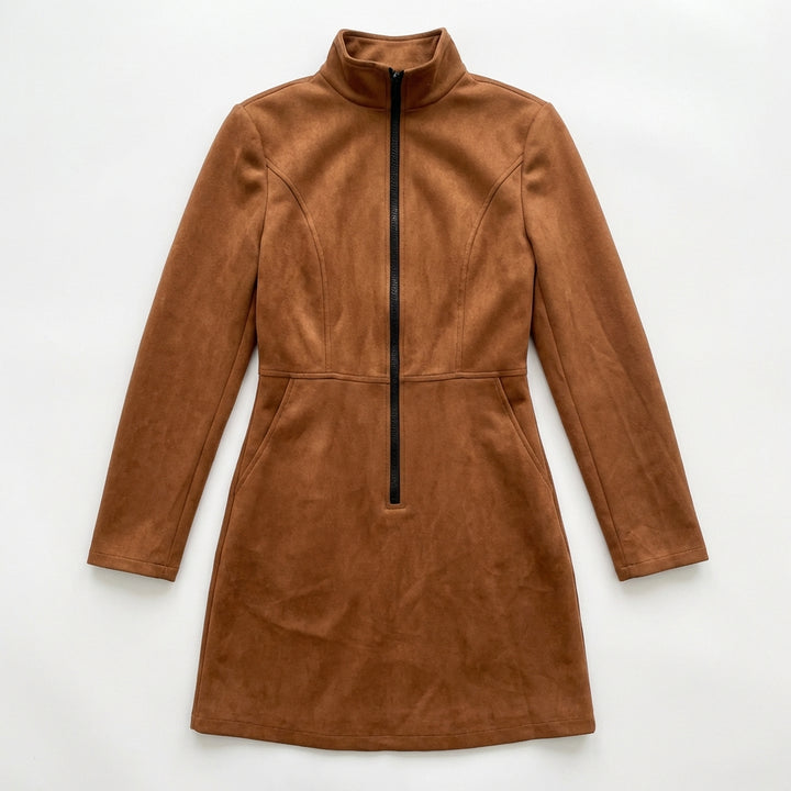 Deerskin Velvet French Long-sleeve Zipper Dress Short Skirt