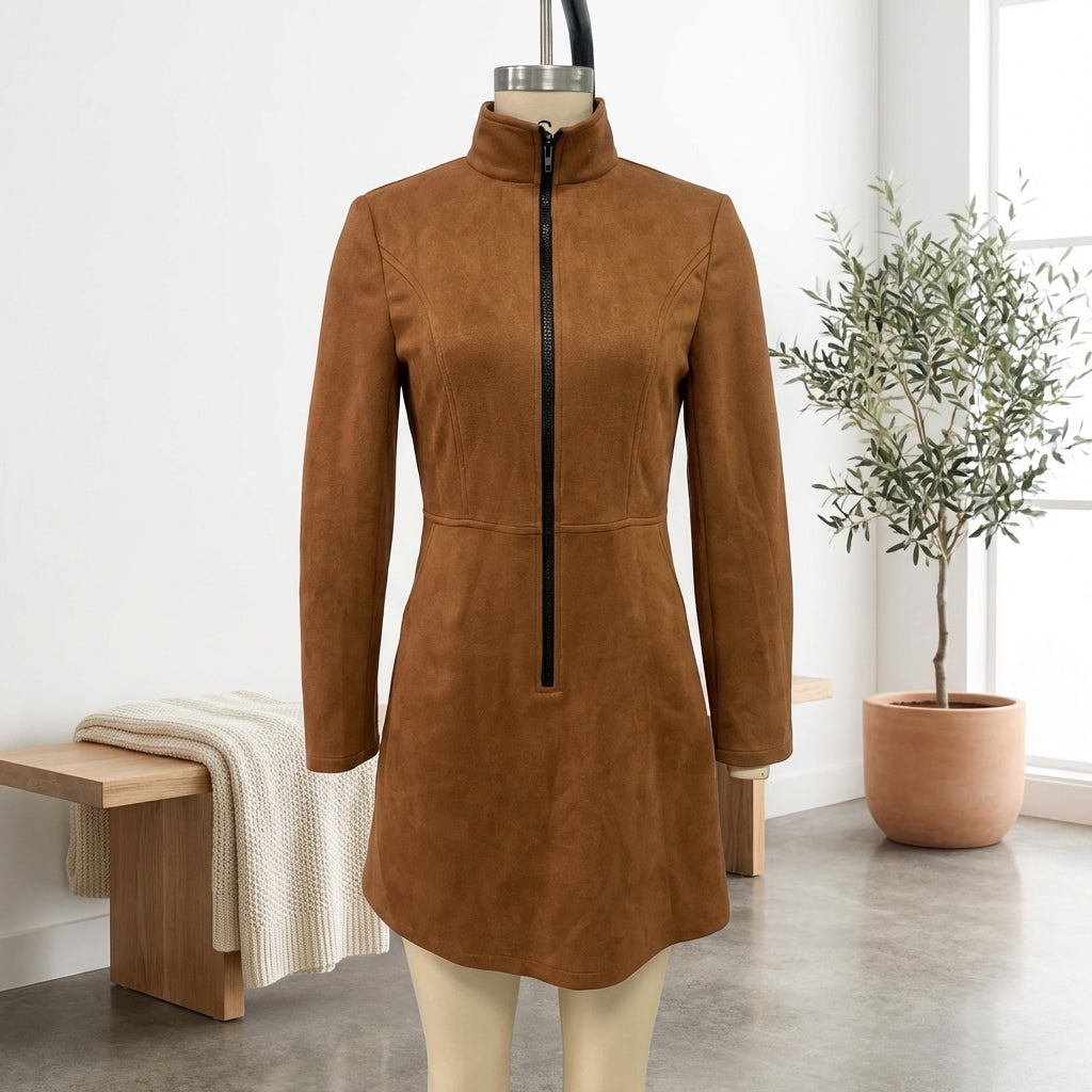 Deerskin Velvet French Long-sleeve Zipper Dress Short Skirt