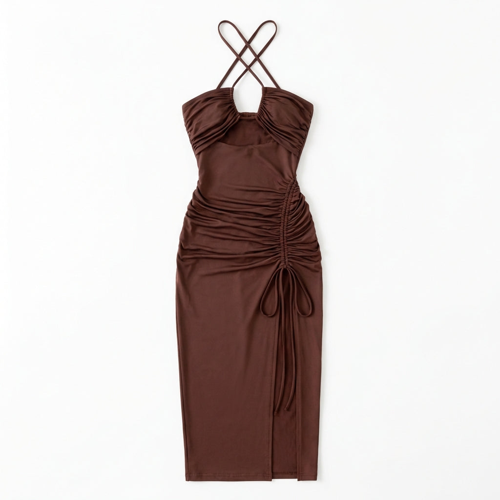 Halterneck Lace-Up Split Maxi Dress