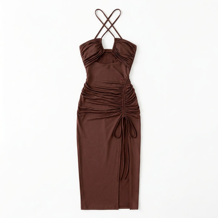 Halterneck Lace-Up Split Maxi Dress
