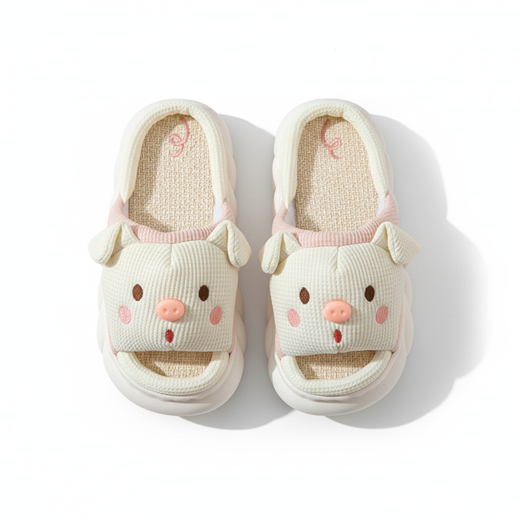 Cute Piggy Slippers Open Toe Linen Home Slipper Couples Women Men Cartoon Pig House Shoes