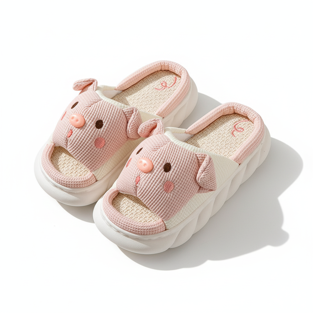 Cute Piggy Slippers Open Toe Linen Home Slipper Couples Women Men Cartoon Pig House Shoes