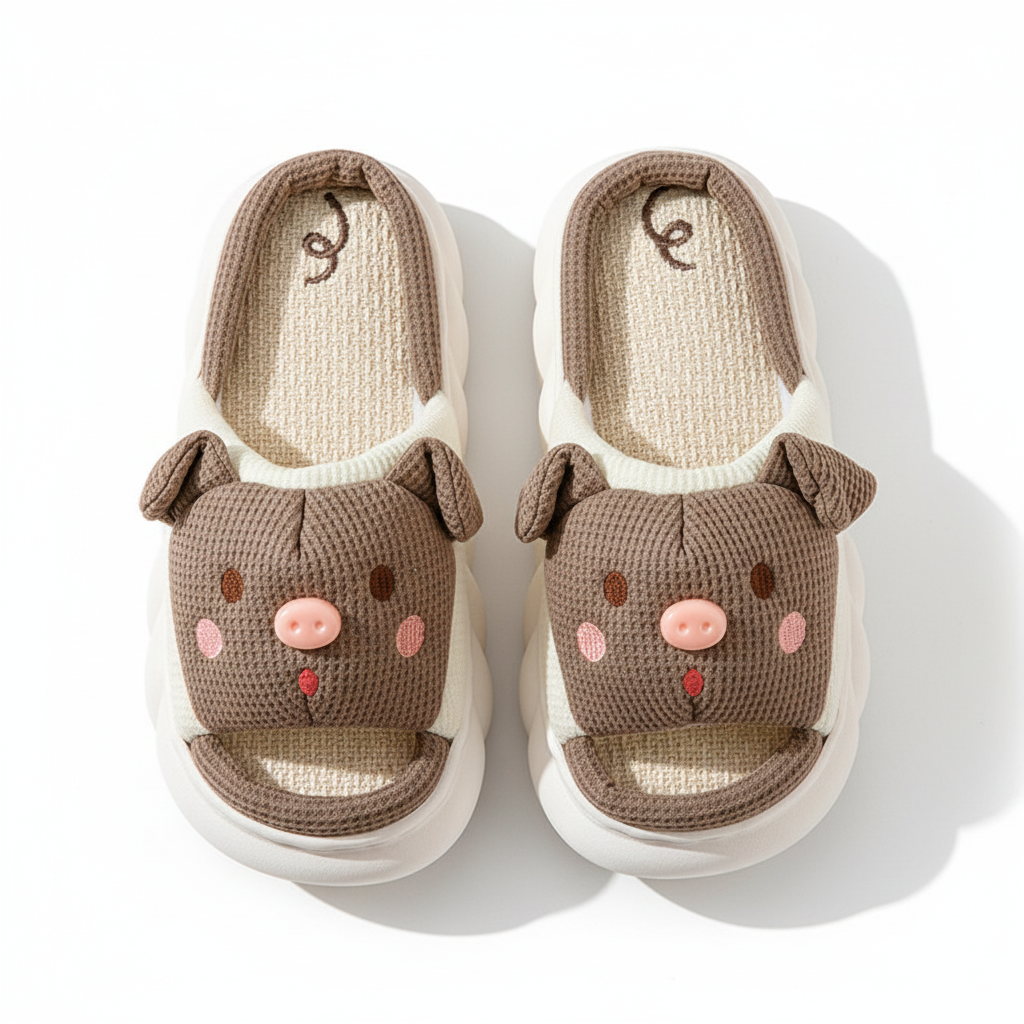Cute Piggy Slippers Open Toe Linen Home Slipper Couples Women Men Cartoon Pig House Shoes