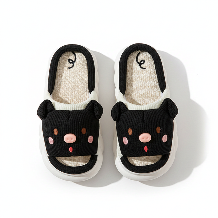 Cute Piggy Slippers Open Toe Linen Home Slipper Couples Women Men Cartoon Pig House Shoes