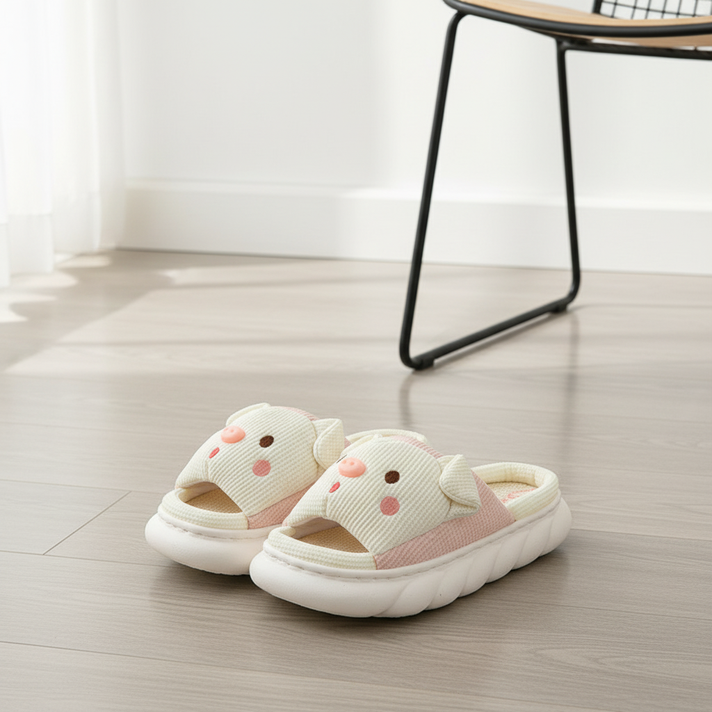 Cute Piggy Slippers Open Toe Linen Home Slipper Couples Women Men Cartoon Pig House Shoes