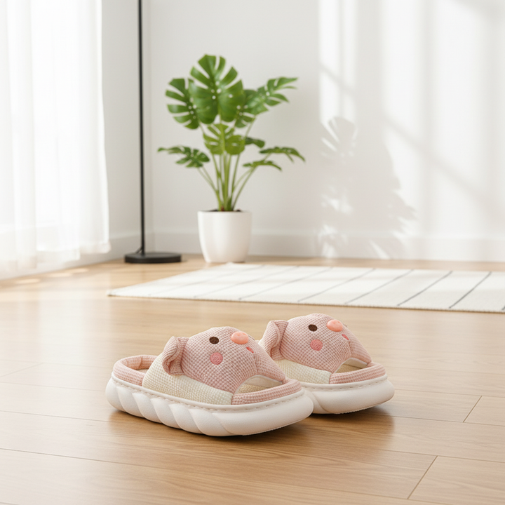 Cute Piggy Slippers Open Toe Linen Home Slipper Couples Women Men Cartoon Pig House Shoes
