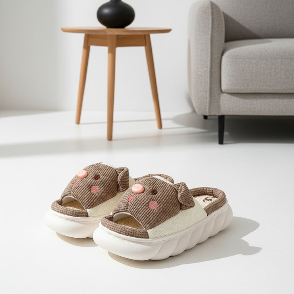 Cute Piggy Slippers Open Toe Linen Home Slipper Couples Women Men Cartoon Pig House Shoes