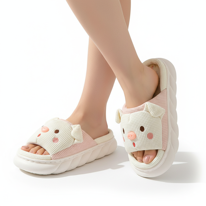 Cute Piggy Slippers Open Toe Linen Home Slipper Couples Women Men Cartoon Pig House Shoes