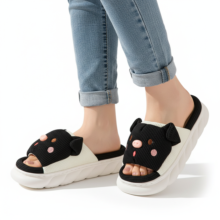 Cute Piggy Slippers Open Toe Linen Home Slipper Couples Women Men Cartoon Pig House Shoes