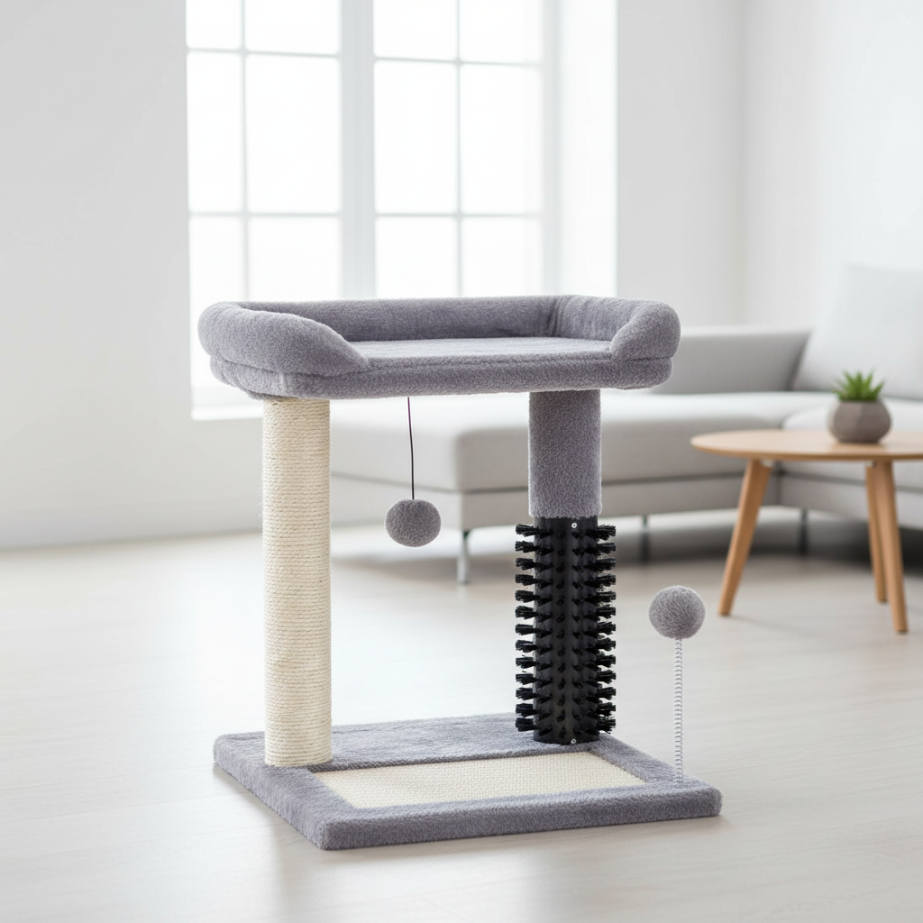 Small 4-in-1 Cat Tree Tower With Self-grooming Brush And Natural Sisal Scratching Post, Soft Plush Cat Bed And Hanging Ball, Suitable For Indoor Kittens
