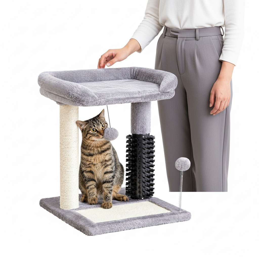 Small 4-in-1 Cat Tree Tower With Self-grooming Brush And Natural Sisal Scratching Post, Soft Plush Cat Bed And Hanging Ball, Suitable For Indoor Kittens
