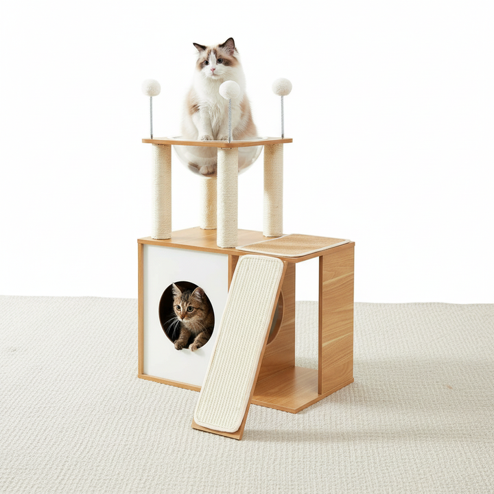 Indoor Wooden Cat Climbing Frame Cat Tower Cat House With Cat Scratching Board Ramp Suitable For Large Cats And Kittens