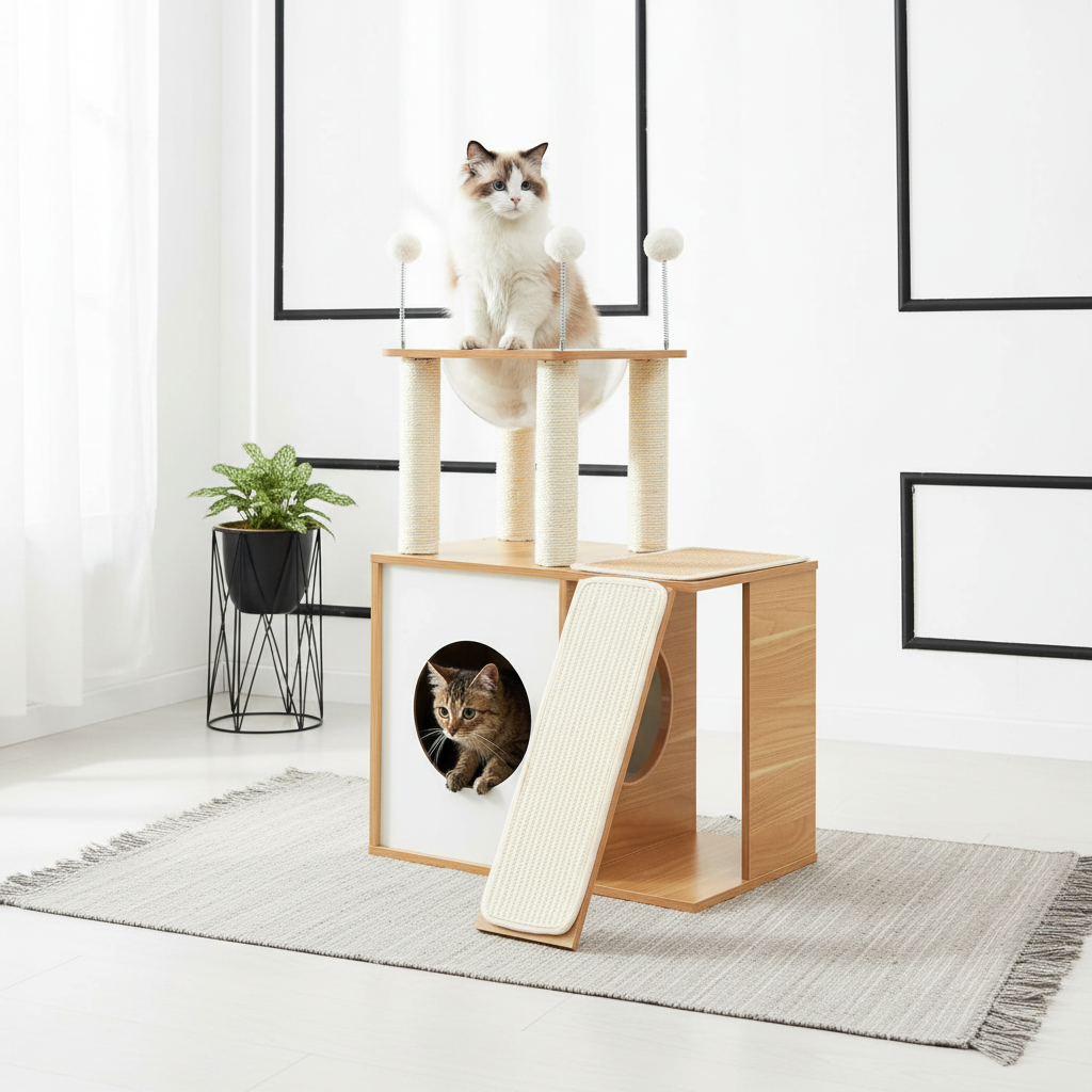 Indoor Wooden Cat Climbing Frame Cat Tower Cat House With Cat Scratching Board Ramp Suitable For Large Cats And Kittens