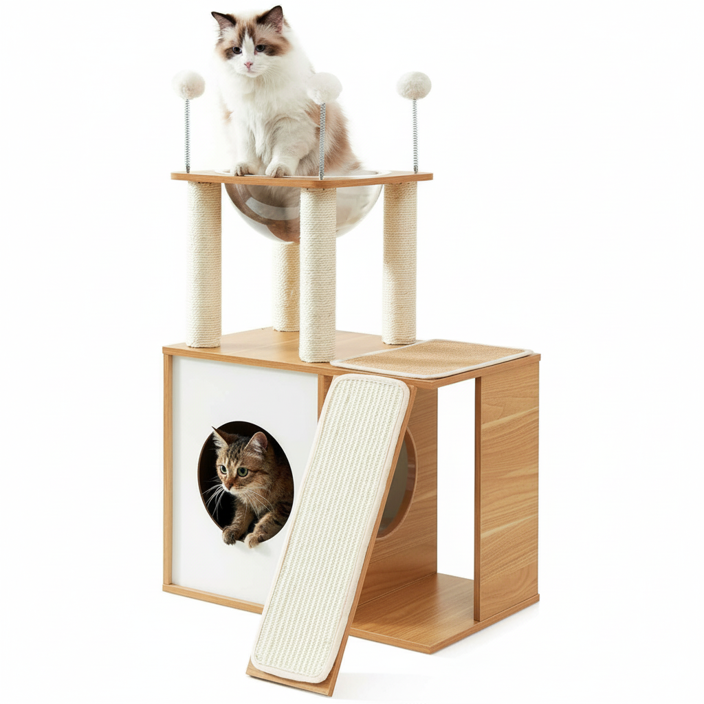Indoor Wooden Cat Climbing Frame Cat Tower Cat House With Cat Scratching Board Ramp Suitable For Large Cats And Kittens
