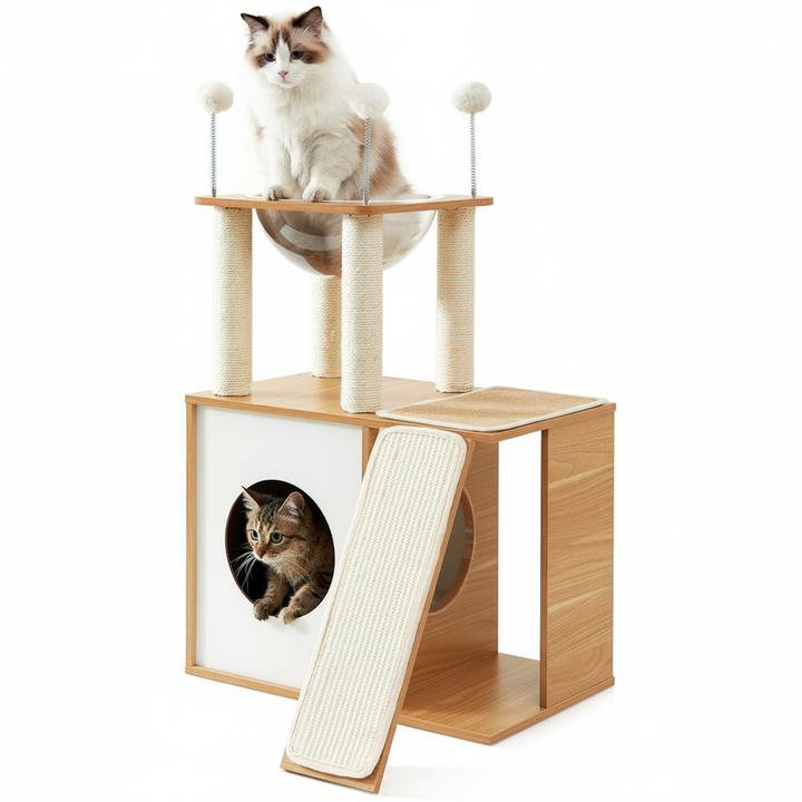 Indoor Wooden Cat Climbing Frame Cat Tower Cat House With Cat Scratching Board Ramp Suitable For Large Cats And Kittens