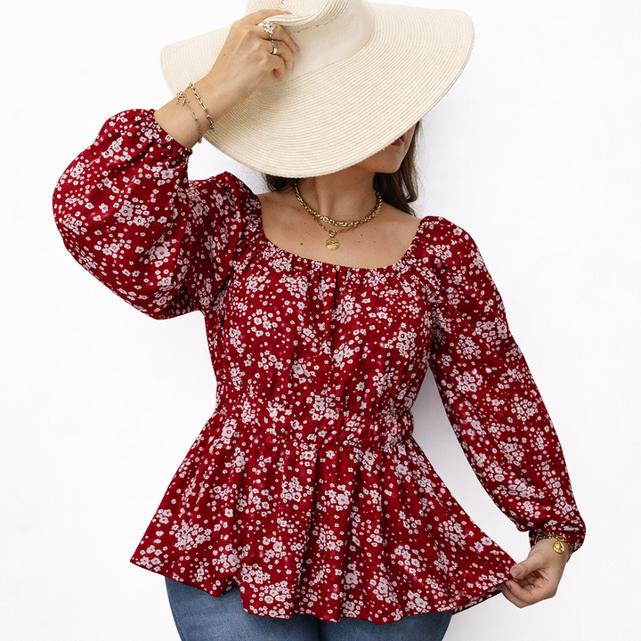 Elegant Printed Drawstring Waist Blouse
