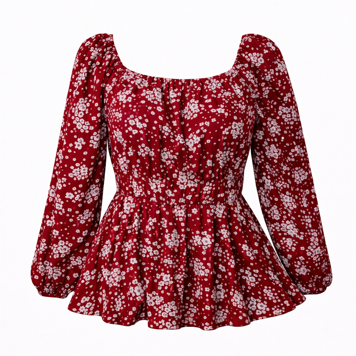 Elegant Printed Drawstring Waist Blouse
