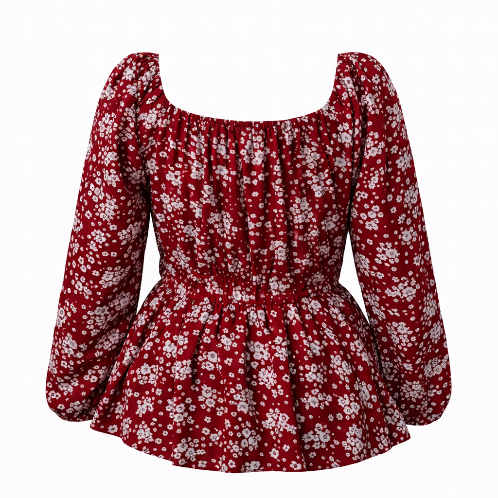 Elegant Printed Drawstring Waist Blouse