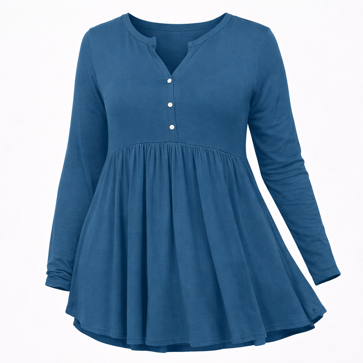 V-neck Buttons Pleated Long Sleeve Plus Size T-shirt