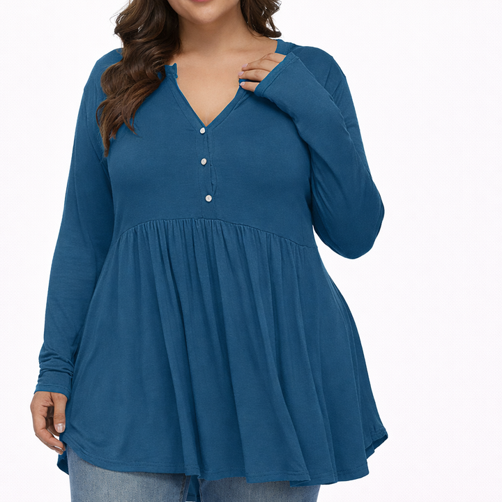 V-neck Buttons Pleated Long Sleeve Plus Size T-shirt