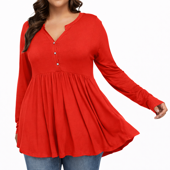V-neck Buttons Pleated Long Sleeve Plus Size T-shirt