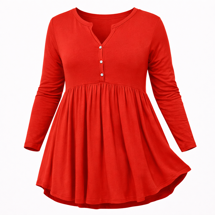 V-neck Buttons Pleated Long Sleeve Plus Size T-shirt