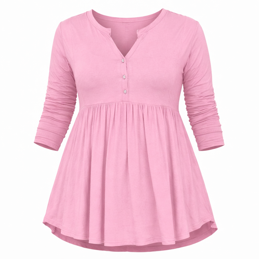 V-neck Buttons Pleated Long Sleeve Plus Size T-shirt