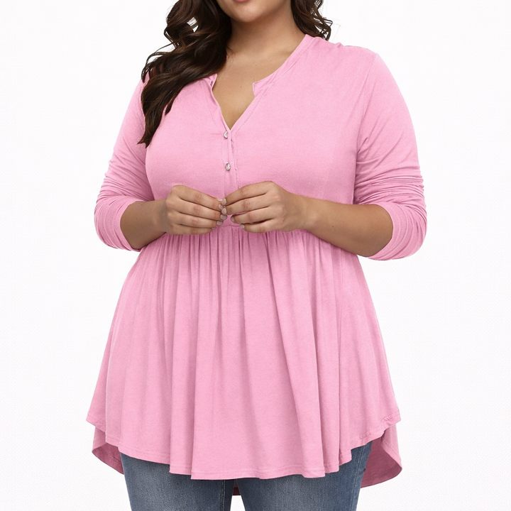 V-neck Buttons Pleated Long Sleeve Plus Size T-shirt
