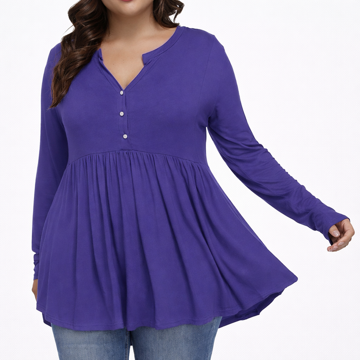 V-neck Buttons Pleated Long Sleeve Plus Size T-shirt