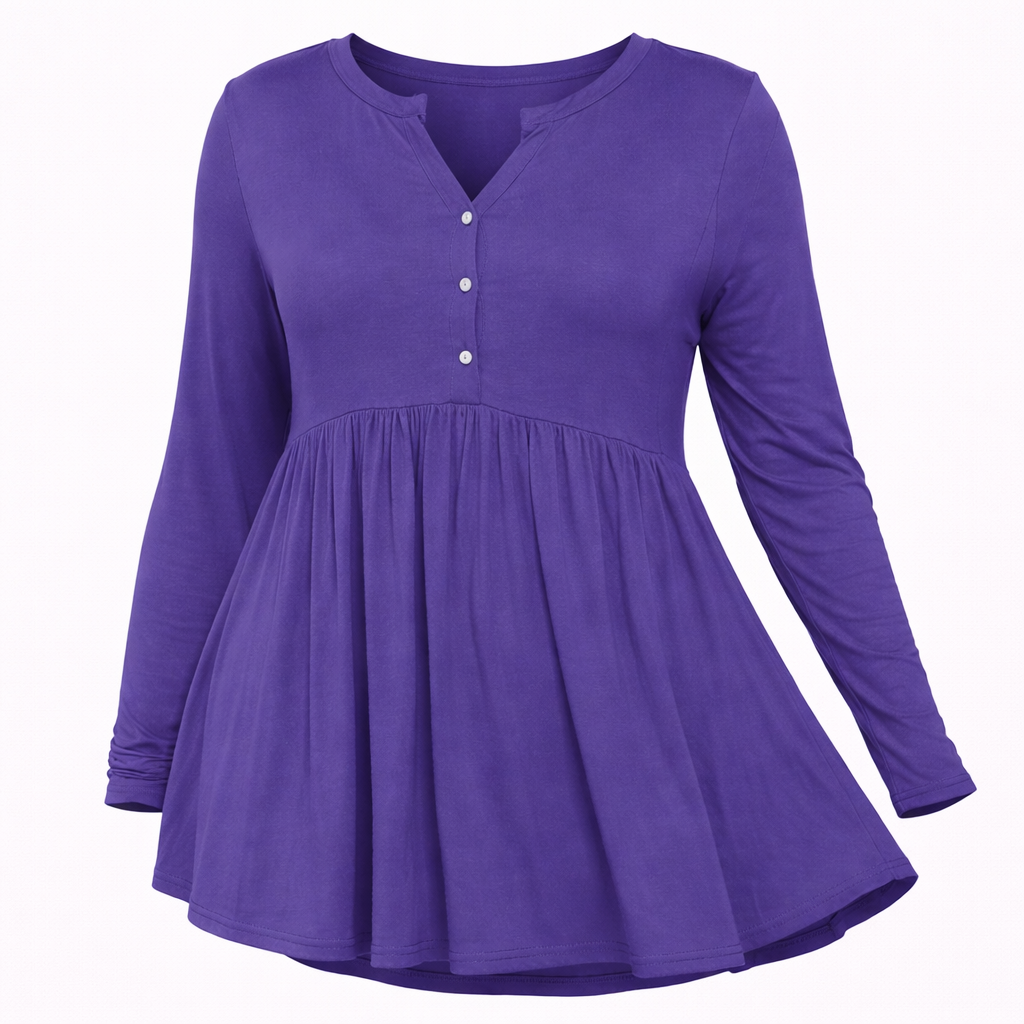 V-neck Buttons Pleated Long Sleeve Plus Size T-shirt