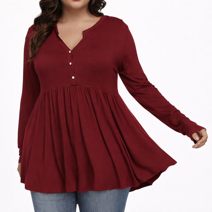 V-neck Buttons Pleated Long Sleeve Plus Size T-shirt