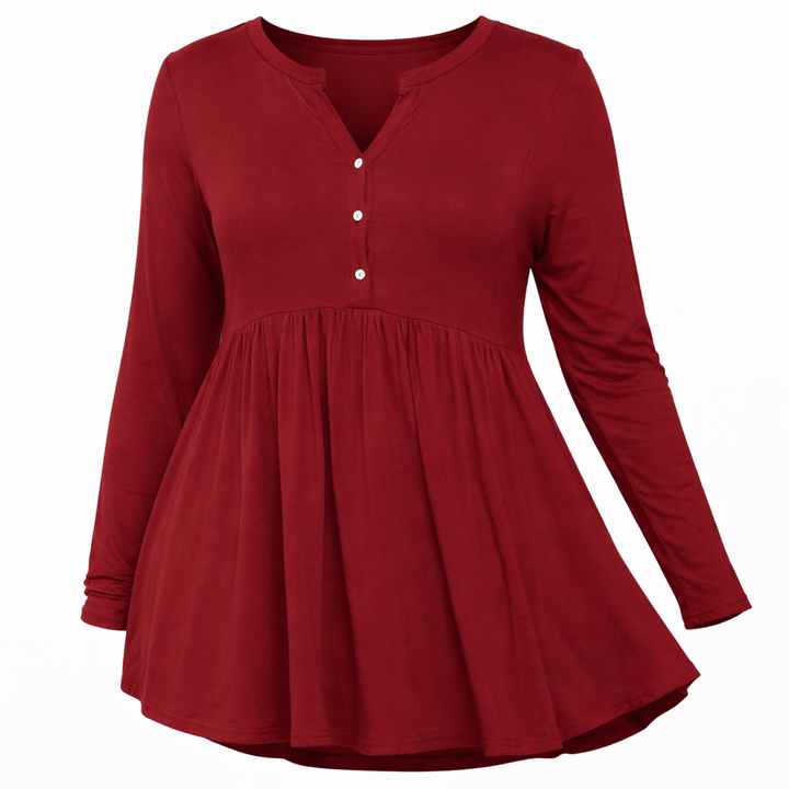 V-neck Buttons Pleated Long Sleeve Plus Size T-shirt