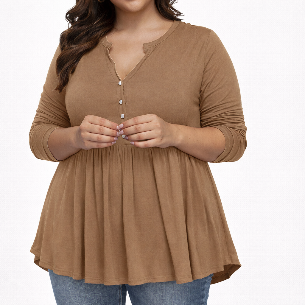 V-neck Buttons Pleated Long Sleeve Plus Size T-shirt
