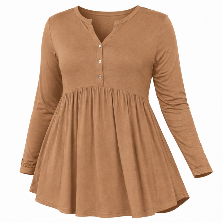 V-neck Buttons Pleated Long Sleeve Plus Size T-shirt