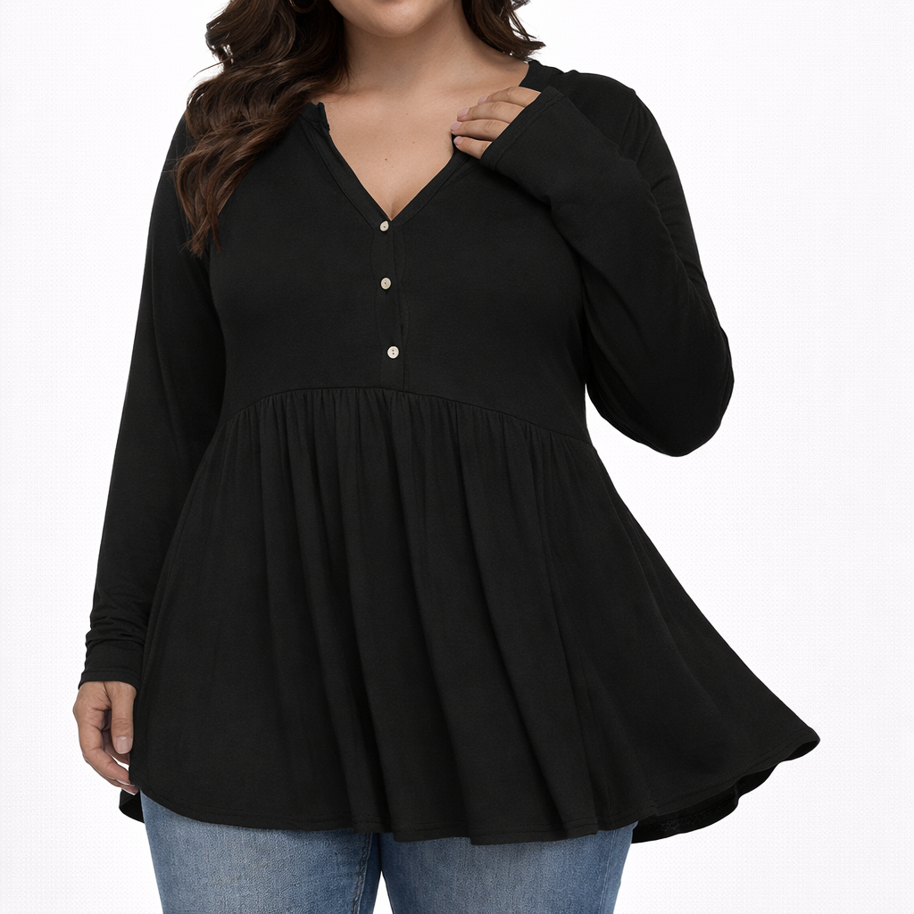 V-neck Buttons Pleated Long Sleeve Plus Size T-shirt