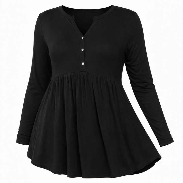 V-neck Buttons Pleated Long Sleeve Plus Size T-shirt
