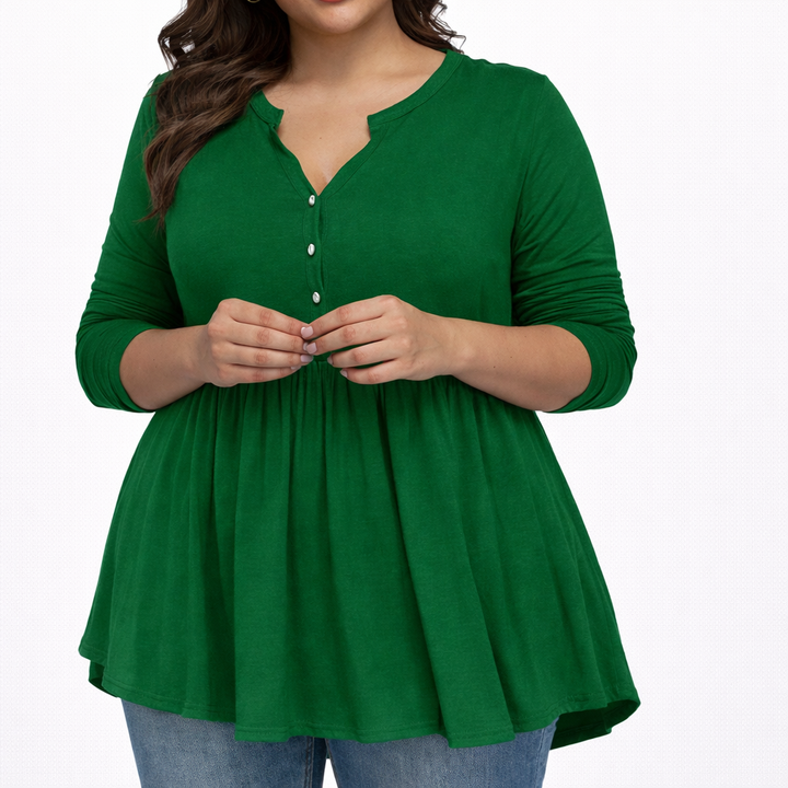 V-neck Buttons Pleated Long Sleeve Plus Size T-shirt