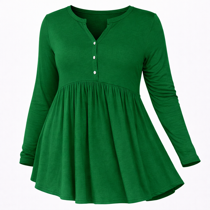 V-neck Buttons Pleated Long Sleeve Plus Size T-shirt