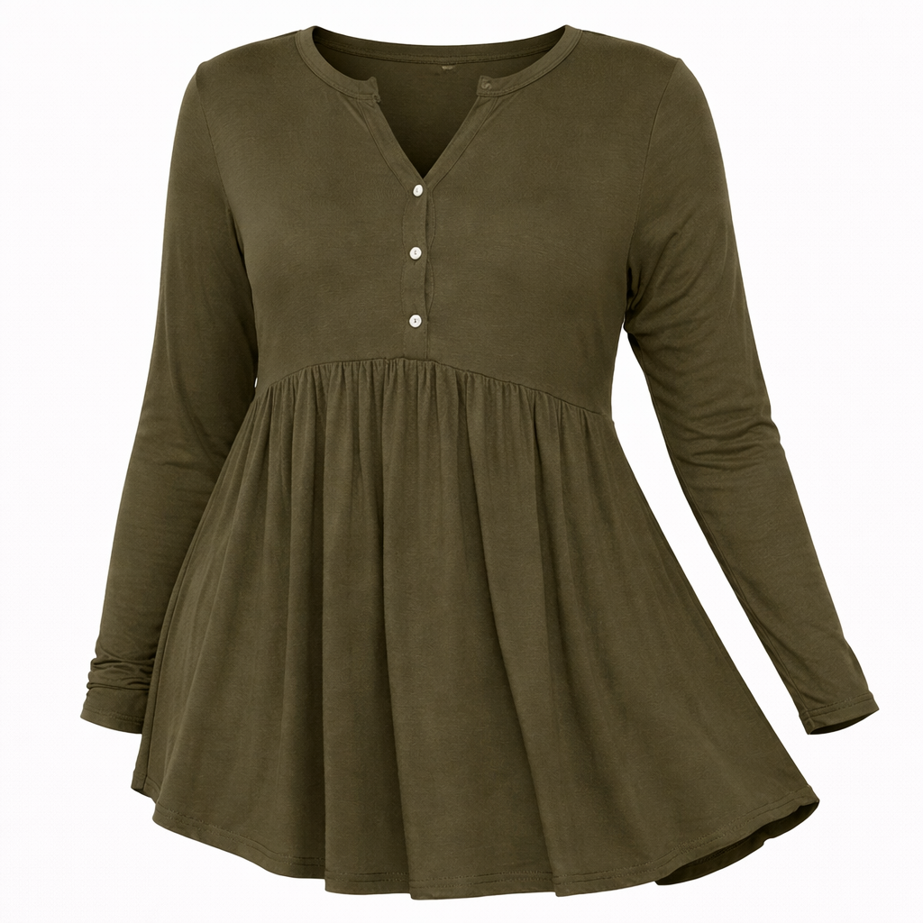 V-neck Buttons Pleated Long Sleeve Plus Size T-shirt