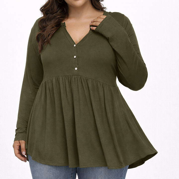 V-neck Buttons Pleated Long Sleeve Plus Size T-shirt