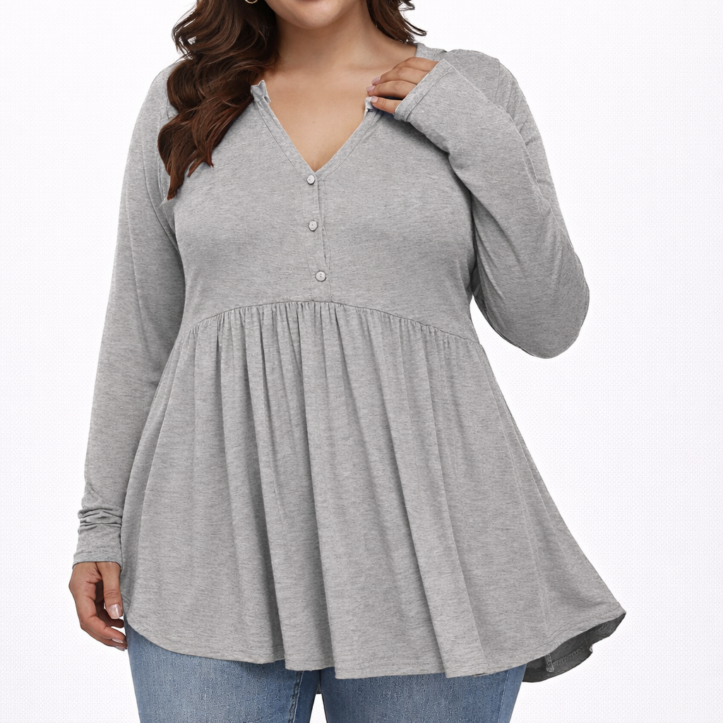 V-neck Buttons Pleated Long Sleeve Plus Size T-shirt