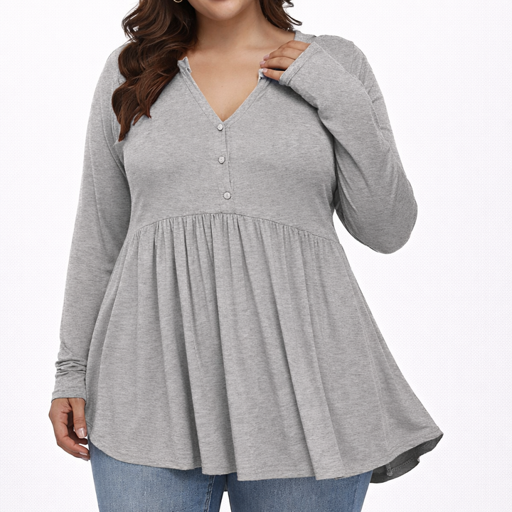 V-neck Buttons Pleated Long Sleeve Plus Size T-shirt