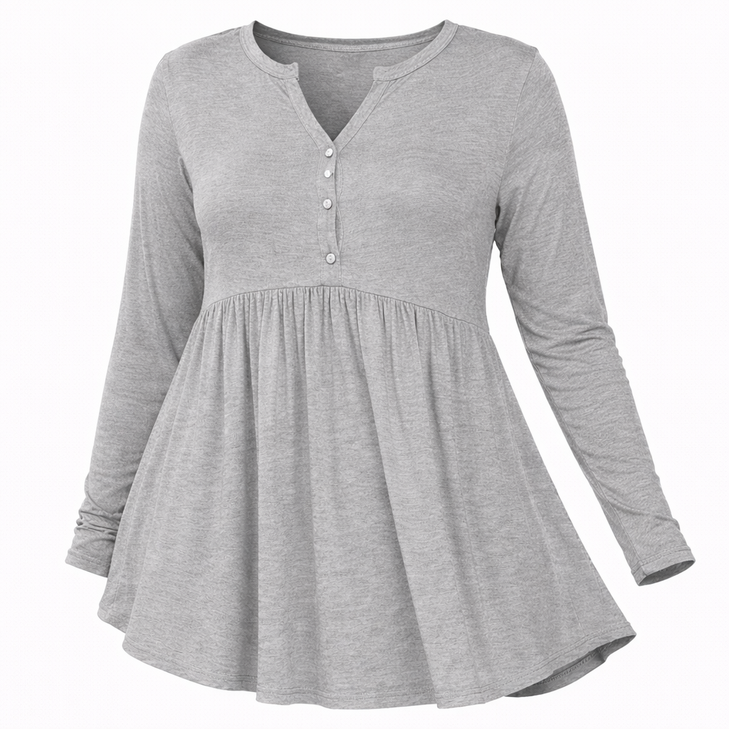 V-neck Buttons Pleated Long Sleeve Plus Size T-shirt