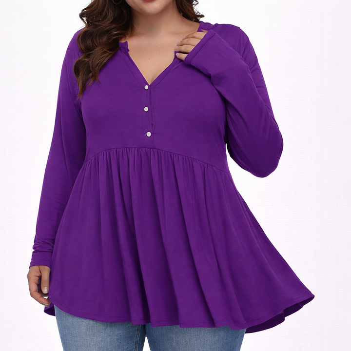 V-neck Buttons Pleated Long Sleeve Plus Size T-shirt