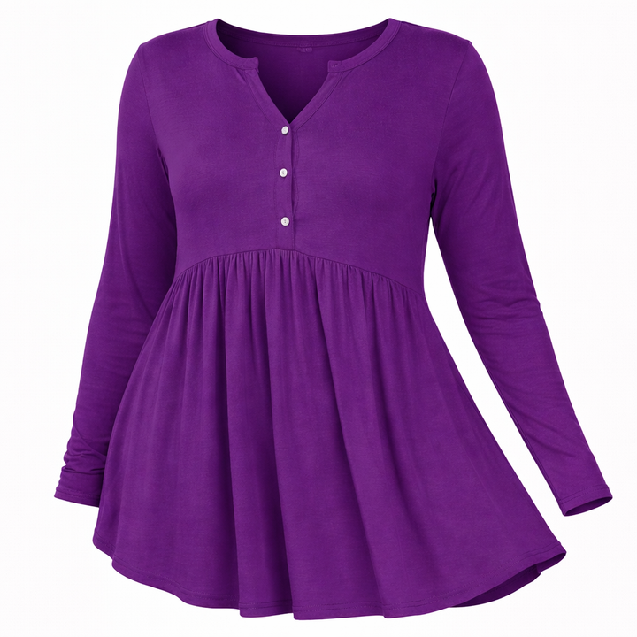 V-neck Buttons Pleated Long Sleeve Plus Size T-shirt