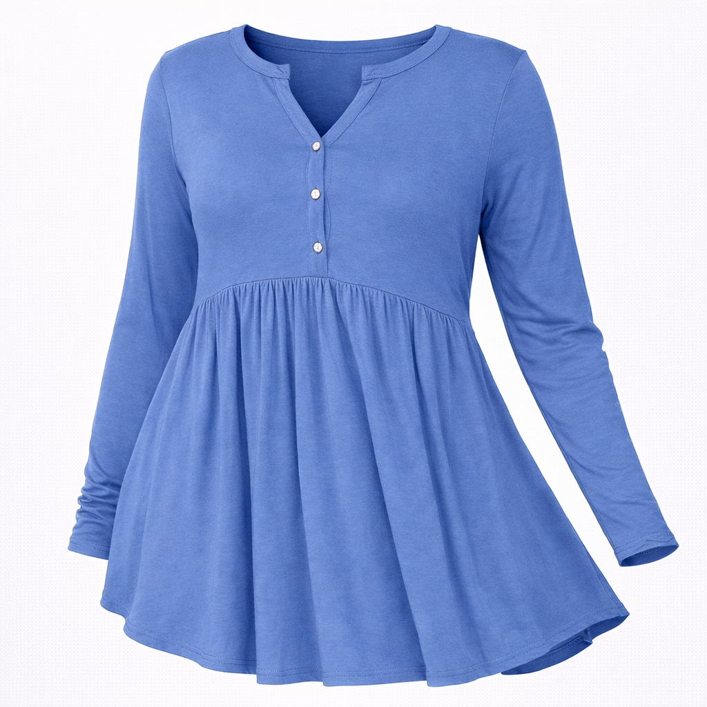 V-neck Buttons Pleated Long Sleeve Plus Size T-shirt