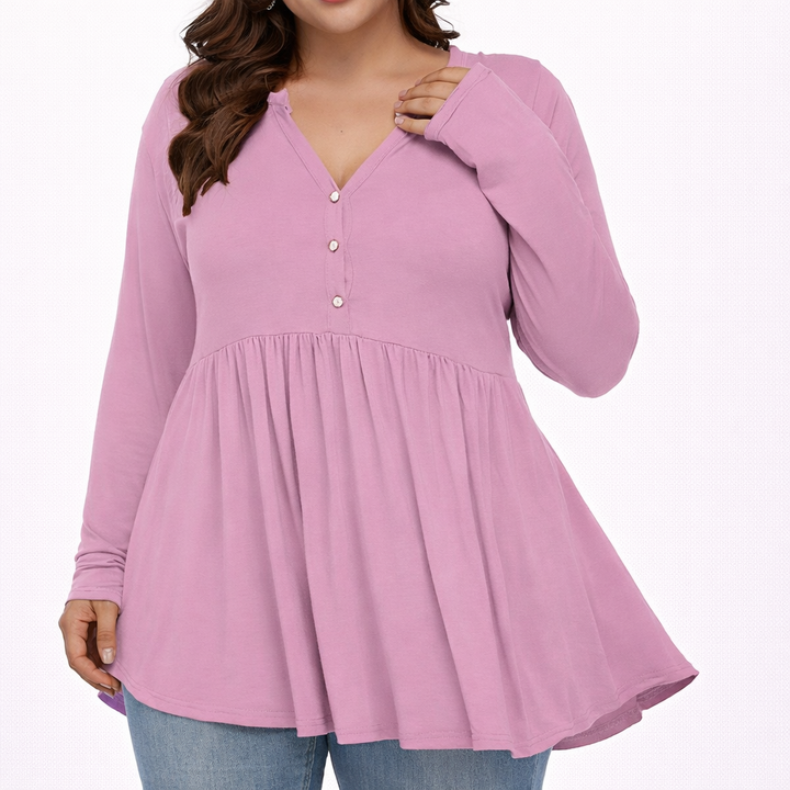 V-neck Buttons Pleated Long Sleeve Plus Size T-shirt