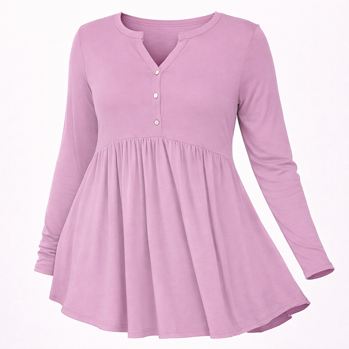 V-neck Buttons Pleated Long Sleeve Plus Size T-shirt