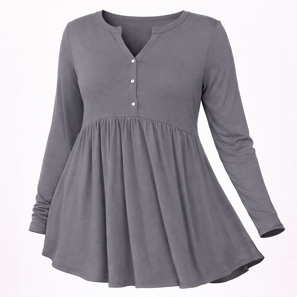 V-neck Buttons Pleated Long Sleeve Plus Size T-shirt